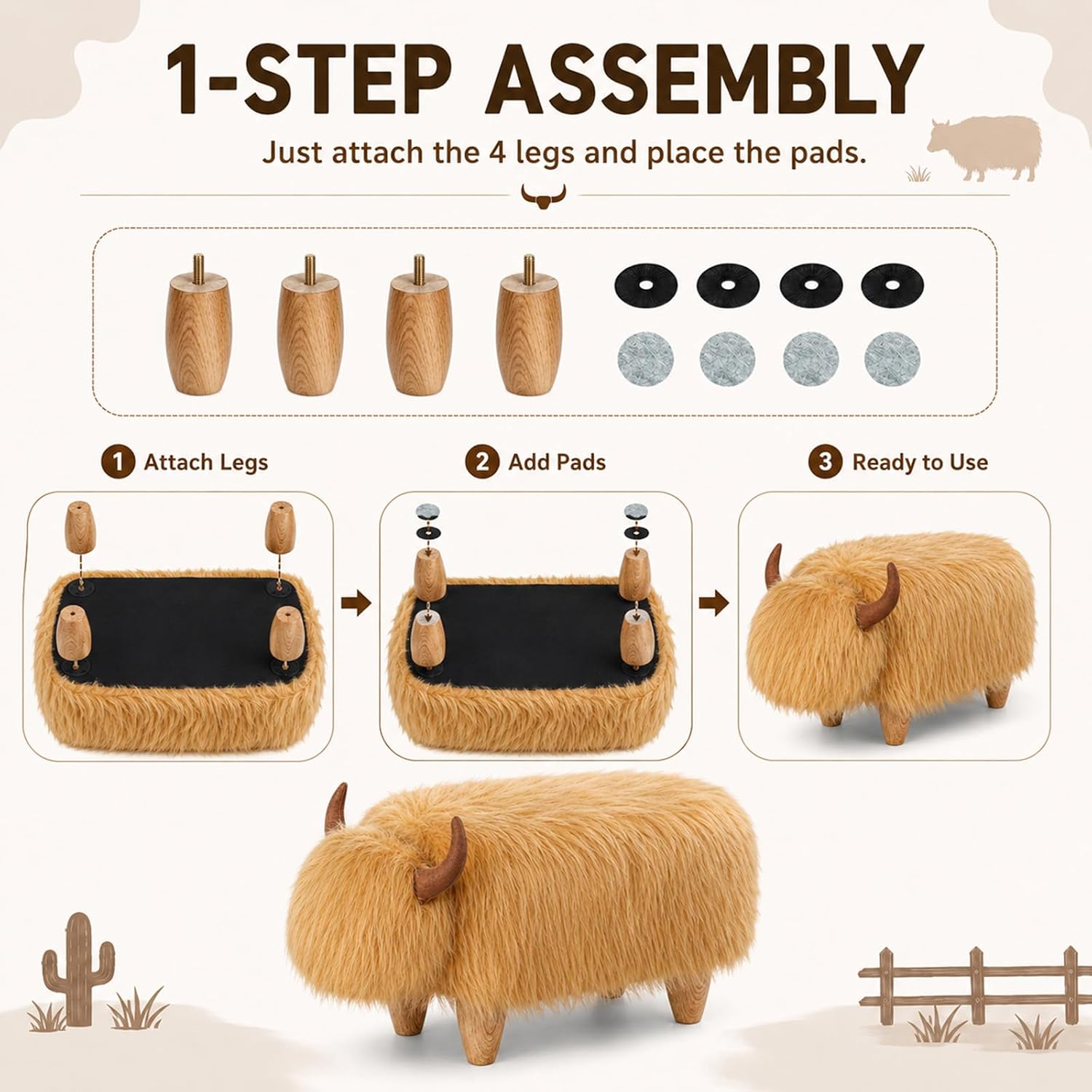 Cow Storage Ottoman, Shorthorn Dairy Cow Footstool with Storage, Animal Shaped Stool with Wooden Legs, Faux Suede Foot Rest for Living Room, Kids Bedroom Nursery Seat (Brown1)