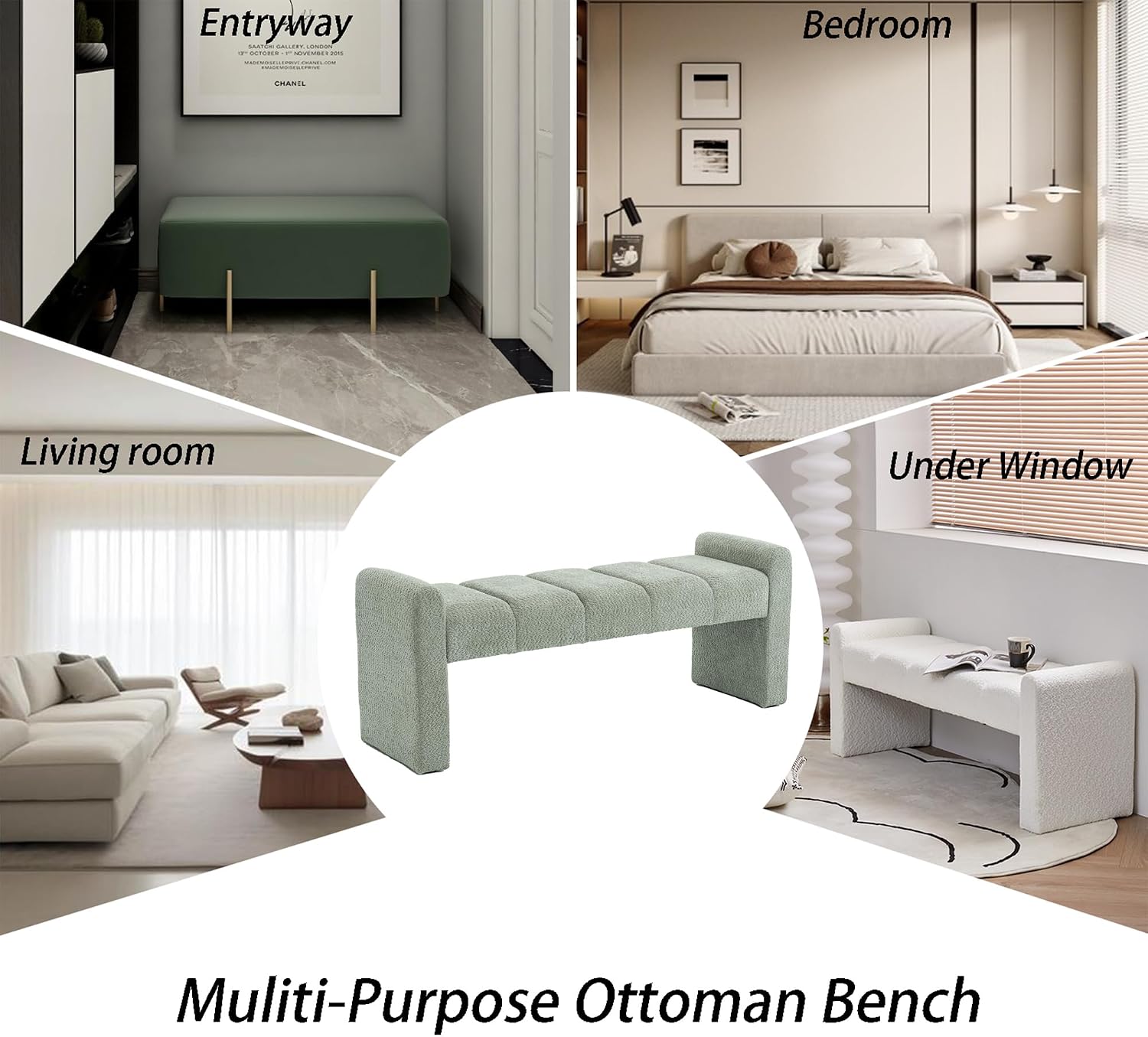 Boucle End of Bed Bench Upholstered Modern Bedroom Bench Channel Tufted Window Bench Comfy Long Ottoman for Living Room/Hallway/Indoor (SAGE, 54" Straight Arm)