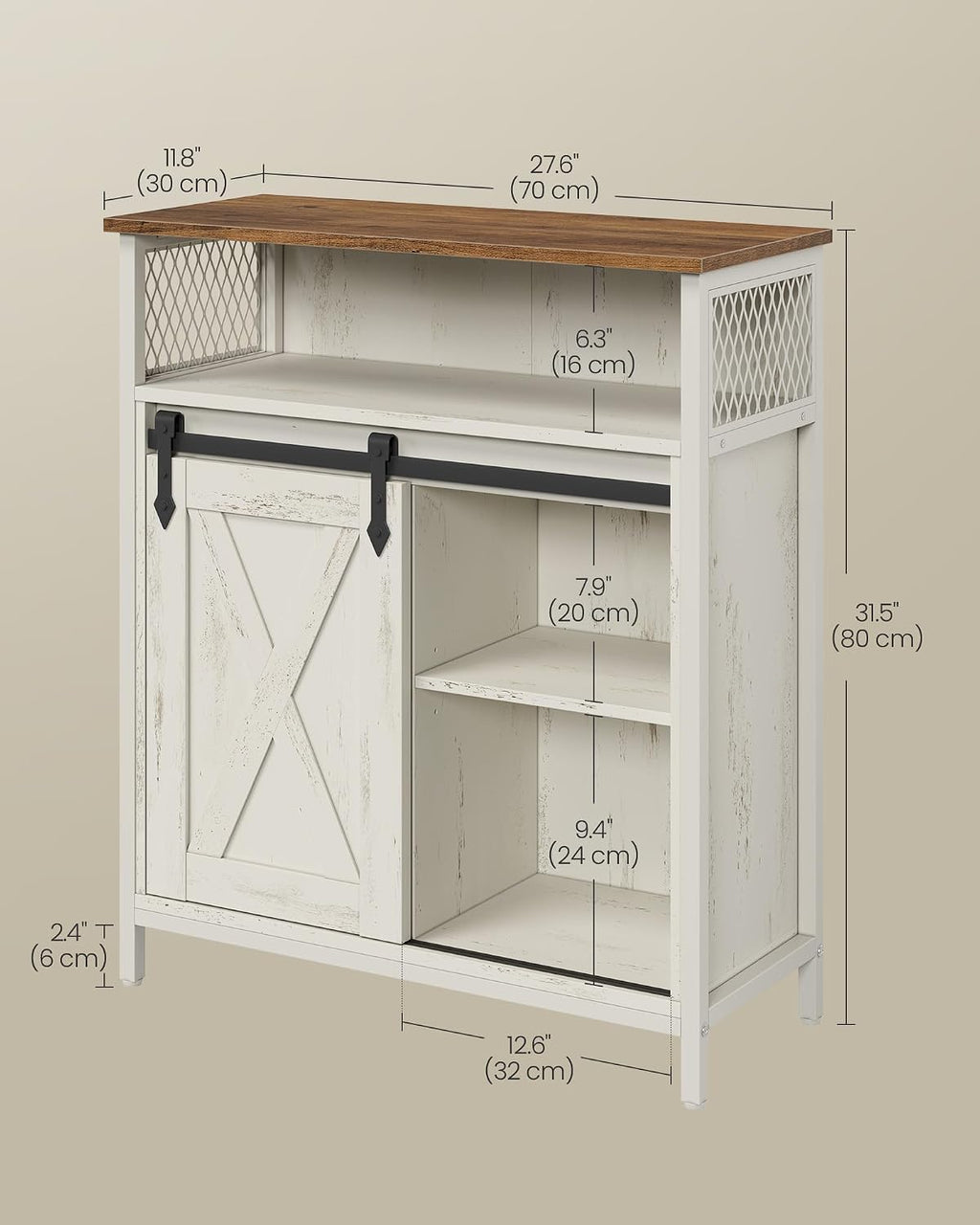 VASAGLE Buffet Cabinet, Coffee Bar Storage Cabinet, Sideboard with 1 Sliding Barn Door, Adjustable Shelves, 11.8 x 27.6 x 31.5 Inches, for Living Room, Rustic White and Honey Brown LSC089WJ02S