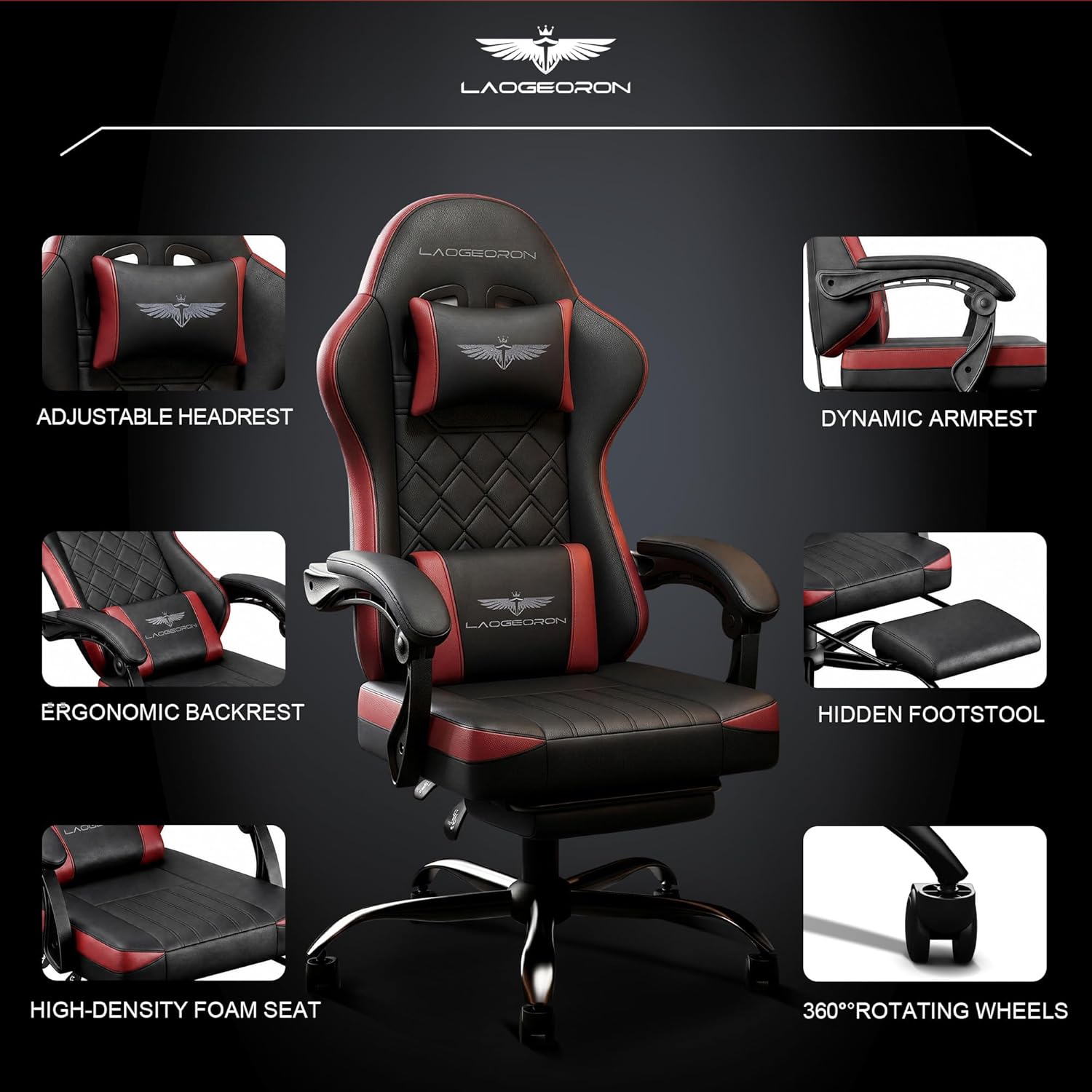 Ergonomic Gaming Chair with Retractable Footrest, High Back Video Game Chairs Computer Gaming Chairs with Headrest and Lumbar Support 400 lbs Linked Armrests Adult Chair (Black Red)