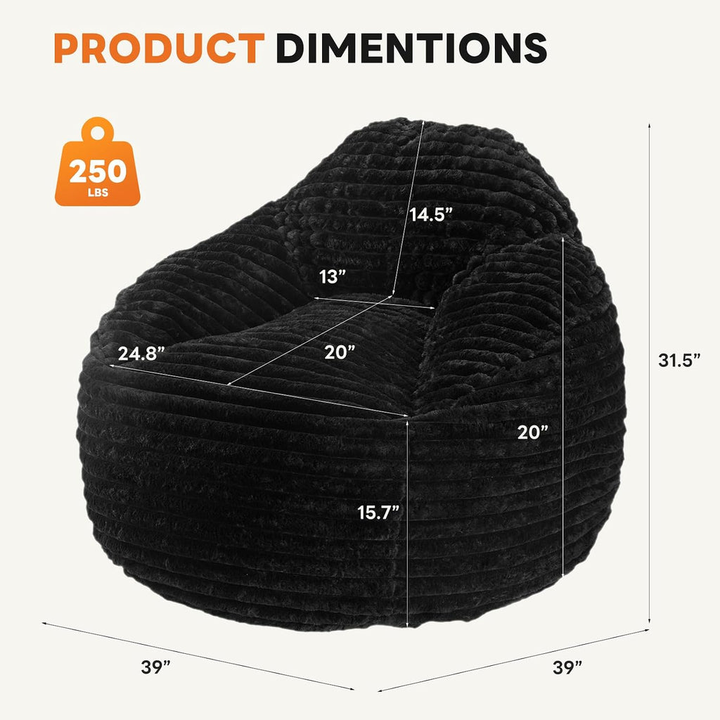 Sweetcrispy Bean Bag Chair, 39 Inch Bean Bags for Adults and Kids, Chair with Memory Foam Filled, Couch with Backrest and Armrests, Comfy Sofa for Living Room, Bedroom and Dorm, Black