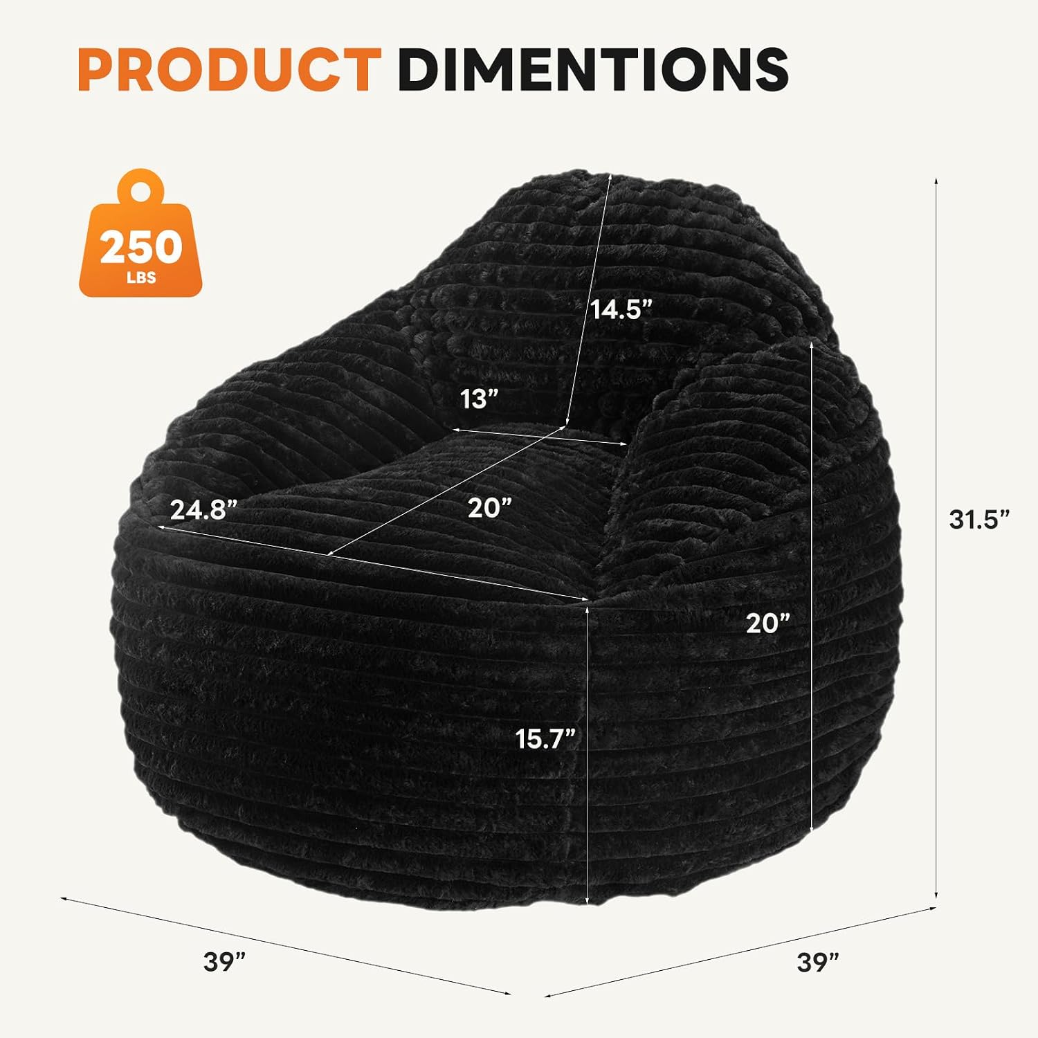 Sweetcrispy Bean Bag Chair, 39 Inch Bean Bags for Adults and Kids, Chair with Memory Foam Filled, Couch with Backrest and Armrests, Comfy Sofa for Living Room, Bedroom and Dorm, Black
