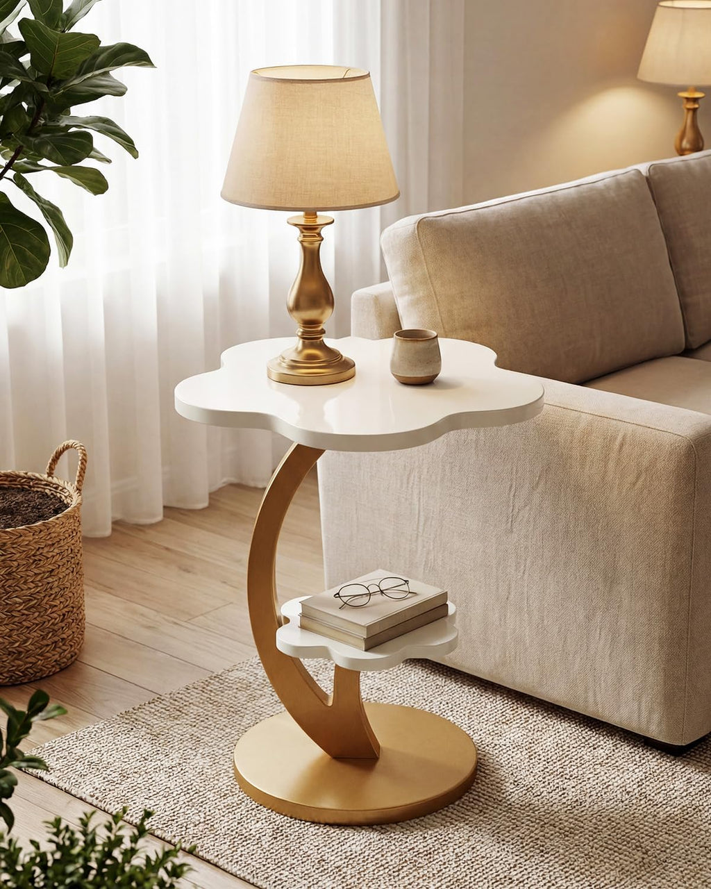 LITTLE TREE End Table, 2-Tier Sofa Side Table, Flower Nightstand with C-Shaped Gold Frame, Modern Luxury Accent Table for Living Room, Bedroom, Small Spaces, Easy Assembly, Glossy Gold + White, 2 PCS