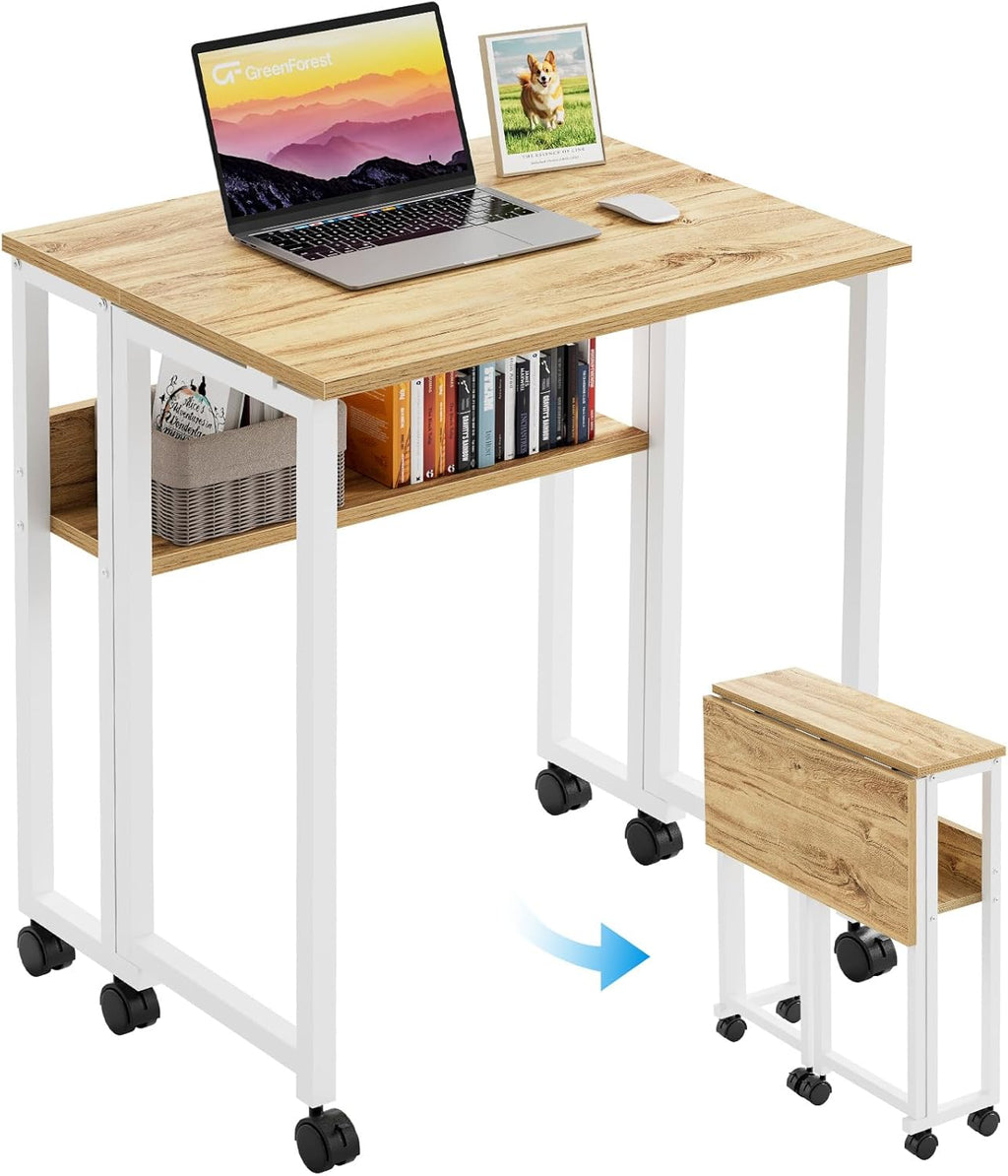 GreenForest Folding Desk with Wheels, 24.8 Inch Compact Rolling Computer Table with Storage Shelf, Portable Mobile Workstation for Small Spaces, Easy Assembly, Oak