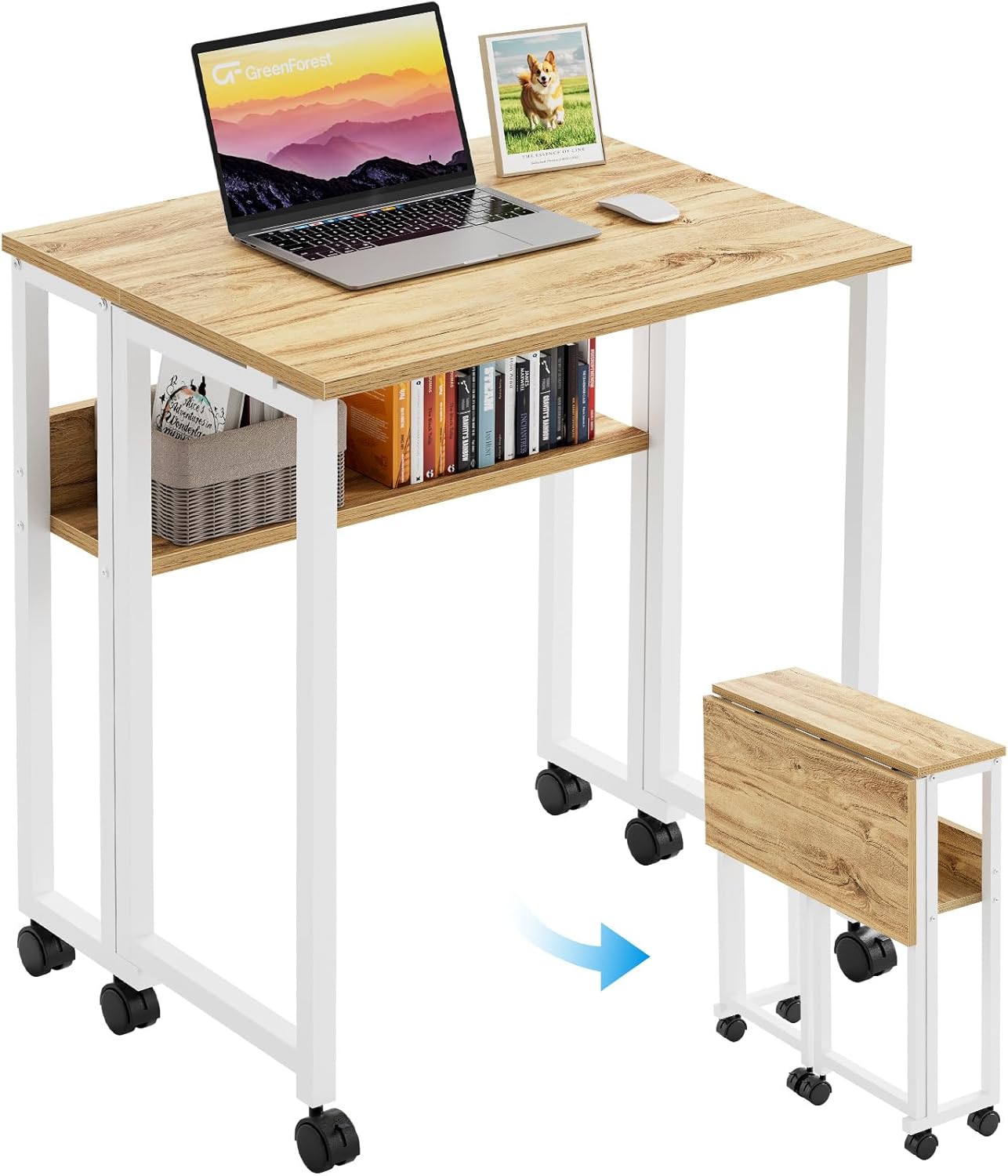 GreenForest Folding Desk with Wheels, 24.8 Inch Compact Rolling Computer Table with Storage Shelf, Portable Mobile Workstation for Small Spaces, Easy Assembly, Oak
