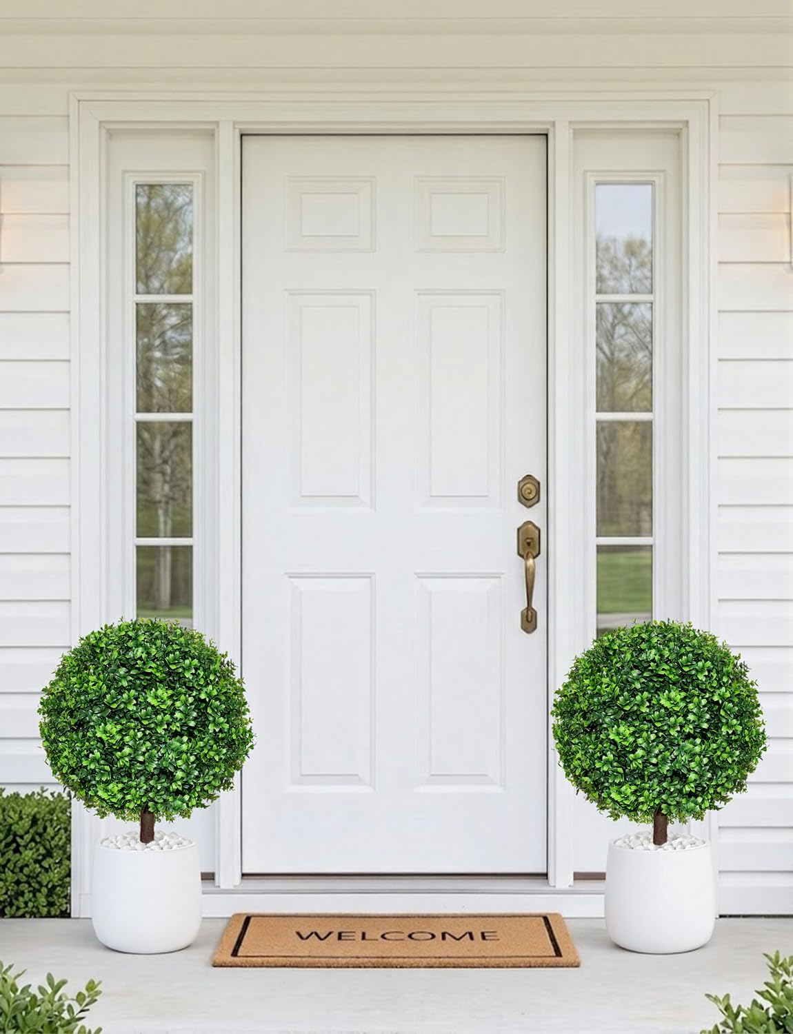 27.5" Artificial Boxwood Topiary Ball Trees for Outdoor with Round Spike, Set of 2 UV Resistant Fake Bushes Artificial Outdoor Shrubs for Front Porch Planters, Weatherproof Faux Greenery Plants Decor