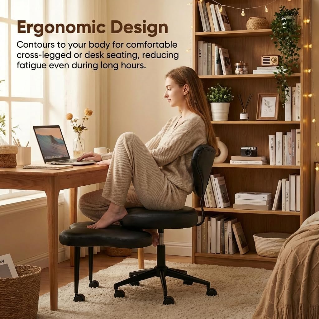 Pinmoco Black PU Leather Cross Leg Chair – Modern Home Office Desk Chair with Wheels, Ergonomic Comfortable Seat for Adults, Durable Water-Resistant Professional Design