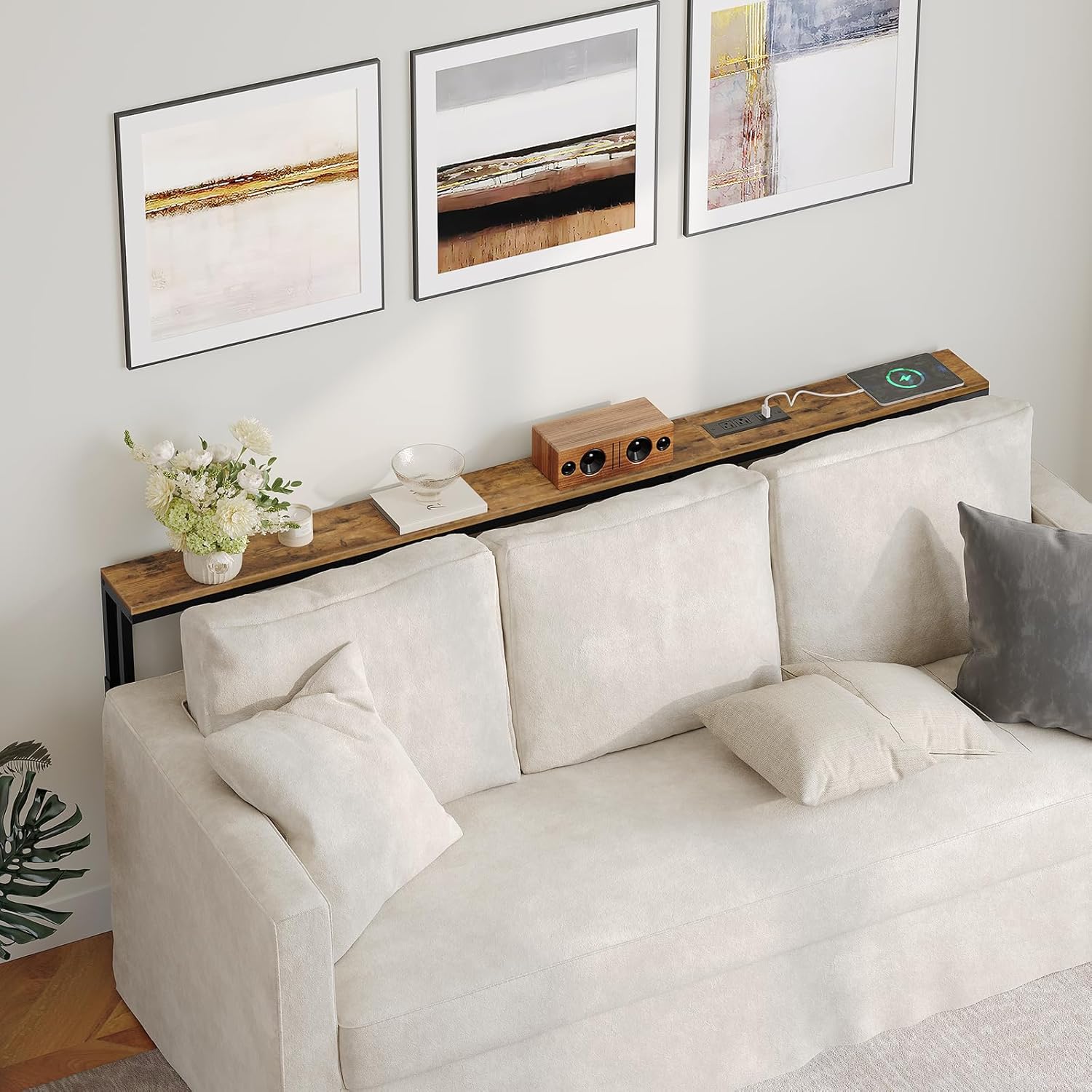 YATINEY 70.9" Narrow Console Table with Adjustable Height (27.6"-35.4"), L Shaped Sofa Table Narrow Long, Skinny Behind Couch Table with USB-C Ports, 5.9" Wide Sofa Side Table, Rustic Brown CT28UBR