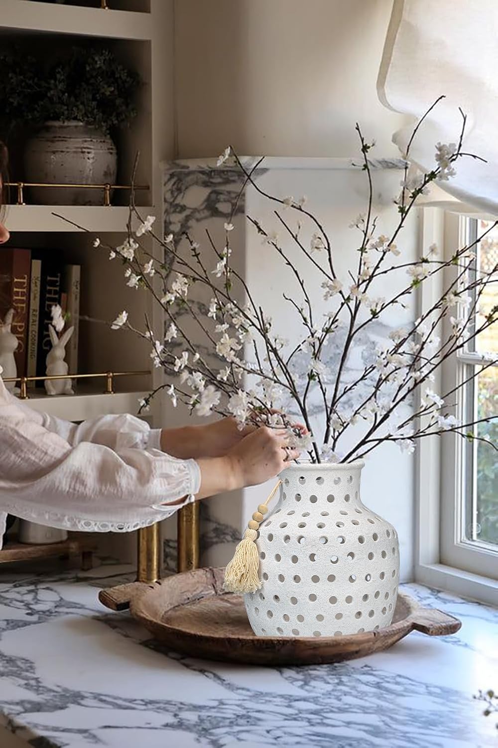 Ceramic Flower Vase Home Decor - 10 Inch Rustic Hollow White Pottery Vase Modern Farmhouse Vintage for Centerpieces House Living Room Dining Table Shelf Mantel Decoration