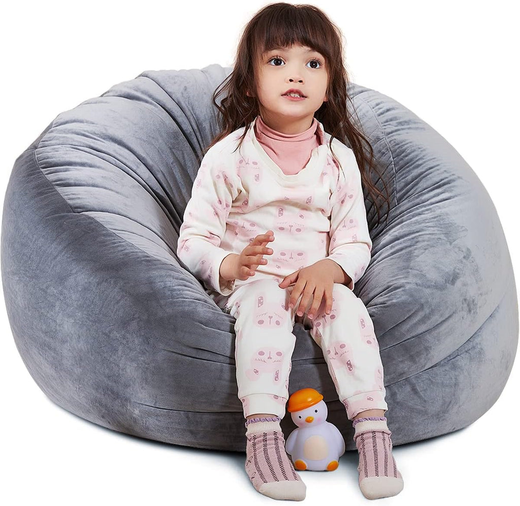 Bean Bag Chair Cover, Stuffed Animal Storage, Plush Toys Organizer Holder, Beanbag Chairs Cover for Kids Teans and Adults Super Soft and Comfortable Fabric X-Large with Handle and Zipper -Round Grey