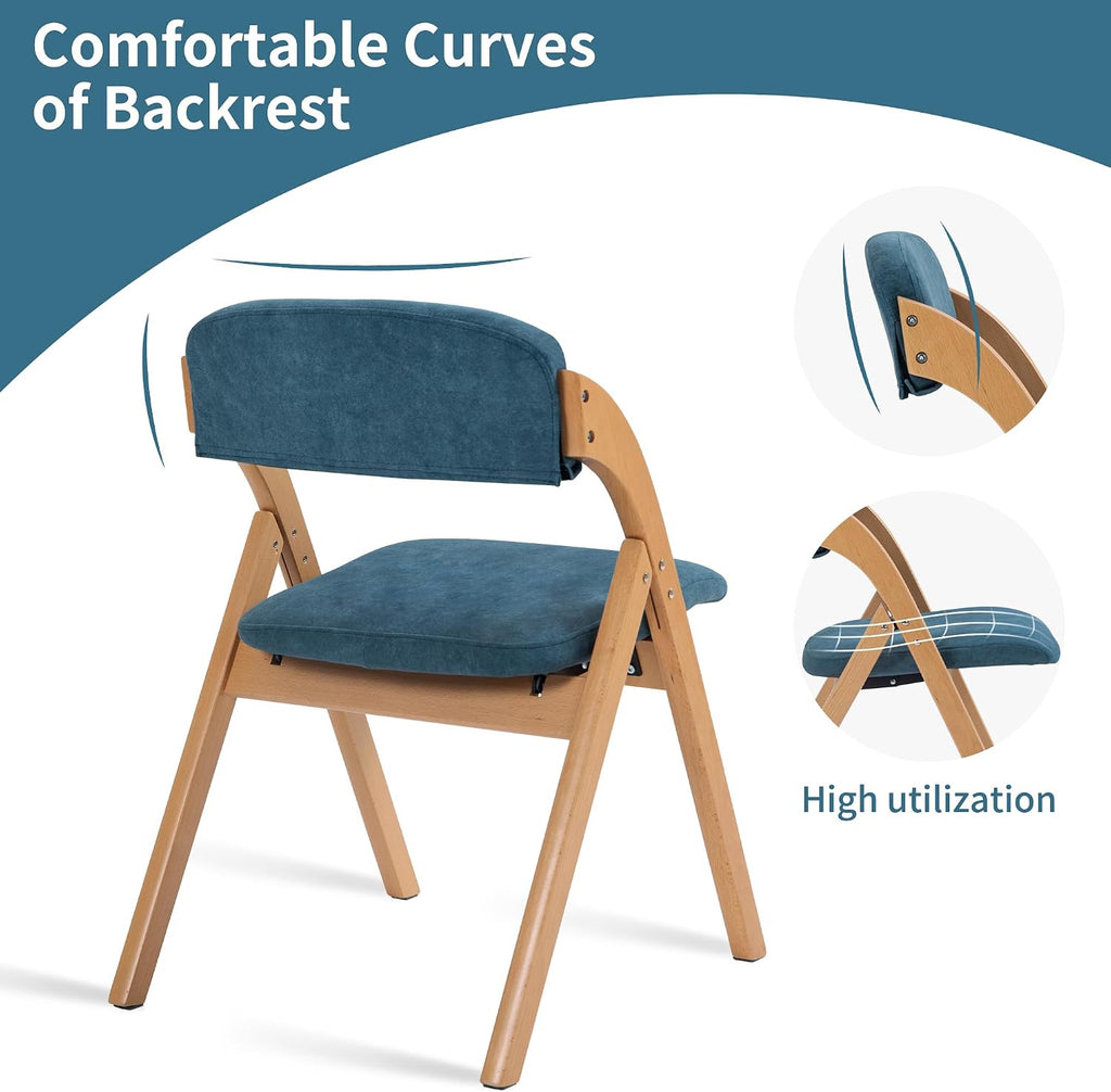 HOMEFUN Folding Chairs with Cushion Padded Foldable Chiars 4 Pack - Wooden Dining Seat with Removable Cover Extra for Guests Kitchen Office Wedding Party Picnic, Smog Blue