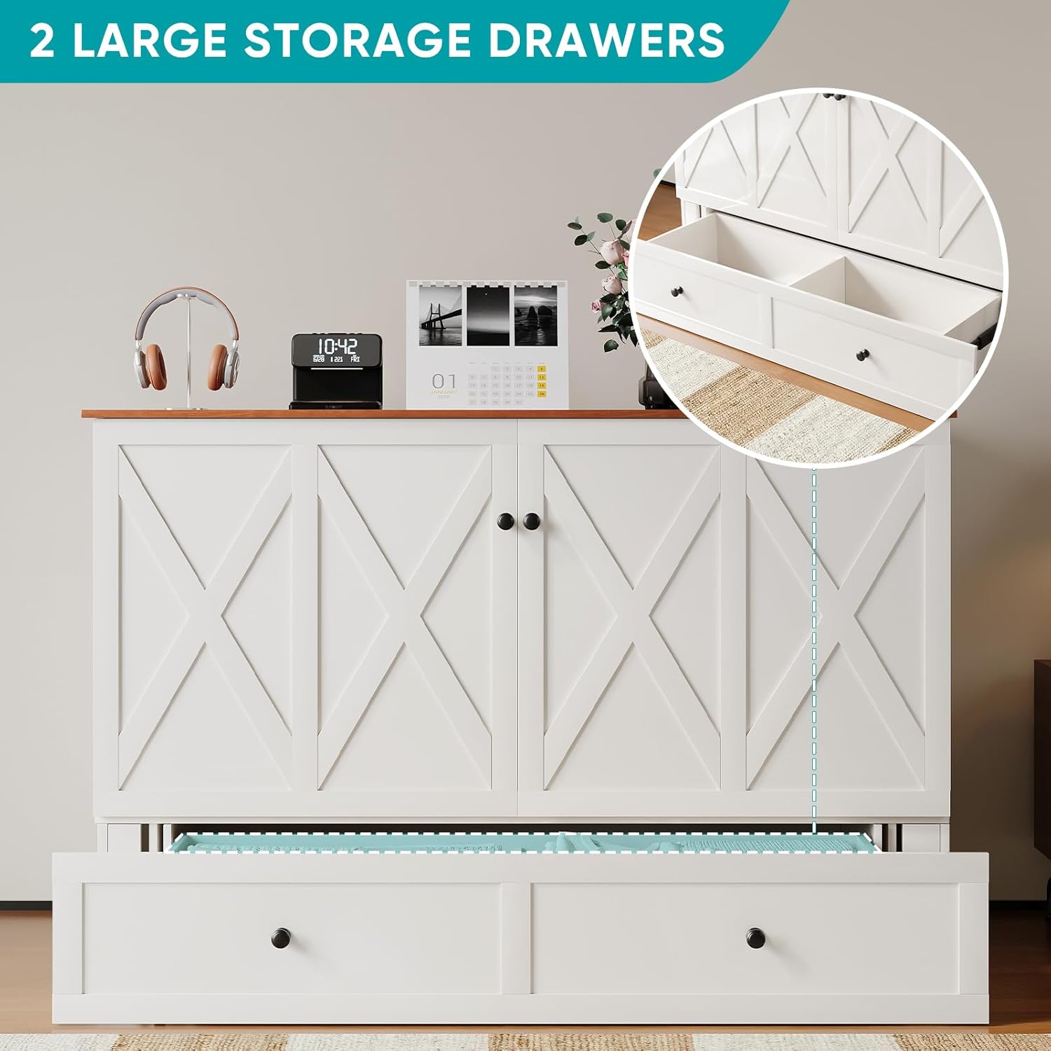 BALUS Full Size Murphy Bed with Mattress Included, 57'' W Murphy Bed Full with USB Charging Station & 2 Storage Drawers, Murphy Cabinet Beds for Living Room, Apartment, Home Office, Bedroom-White