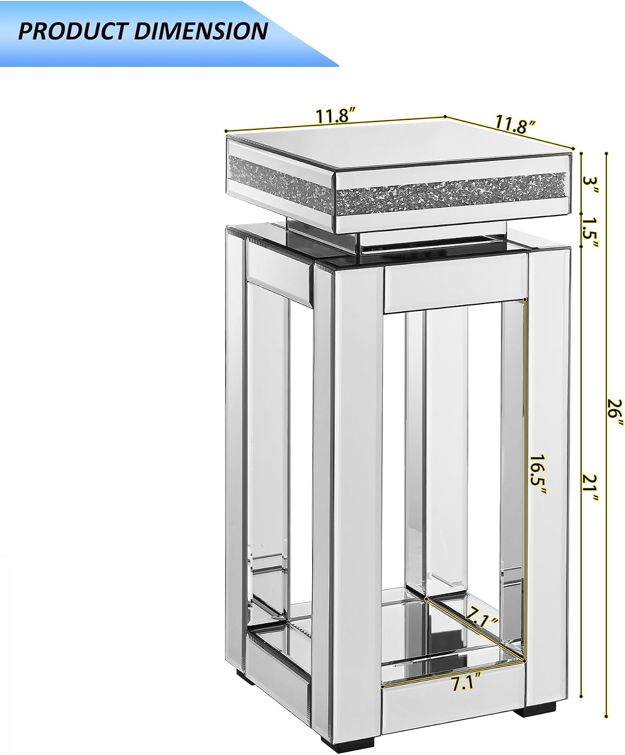 Mirrored End Table with Crystal Inlay, 2-Tier Square Pedestal Table, 11.8 x 11.8 x 26.8 inches, Silver