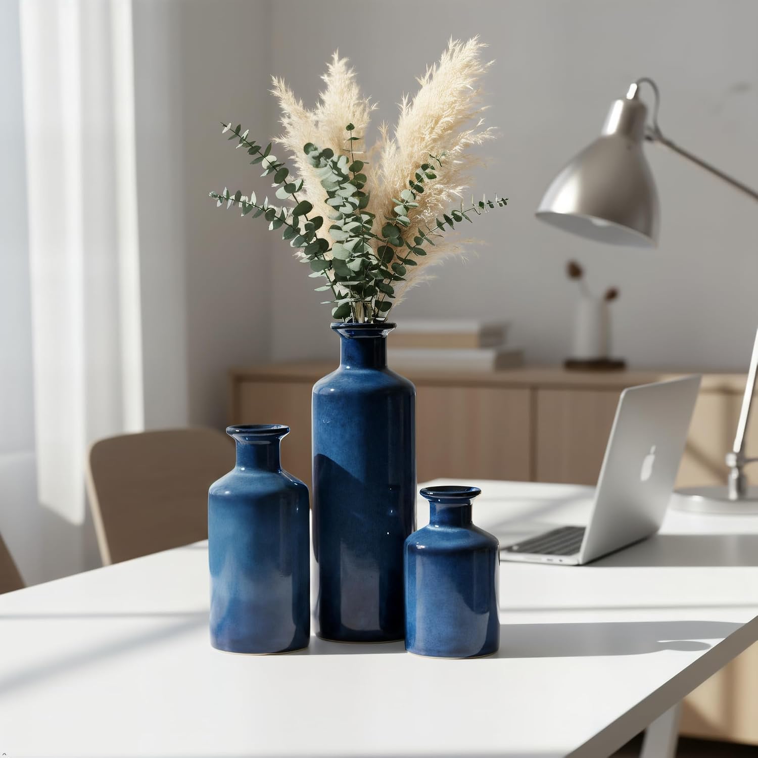 Mowtanco Blue Ceramic Vase Set of 3 Small Vases, Modern Farmhouse for Home Decor Bottles, Rustic Terracotta Vase Decorative Vases for Table,Fireplaces Decor, Bookshelf, Living Room