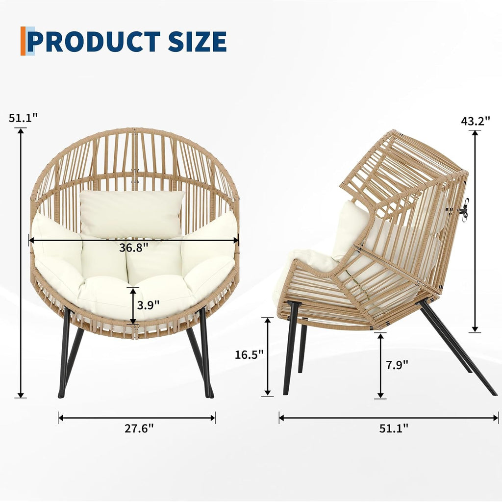Outdoor Wicker Egg Chair, Oversized Ergonomic Rattan Lounge Rocker with Extra-Soft Pillow and Thick Cushion for Indoor & Outdoor, Living Room, Backyard & Garden – Cream Cushion, Natural Wicker Frame