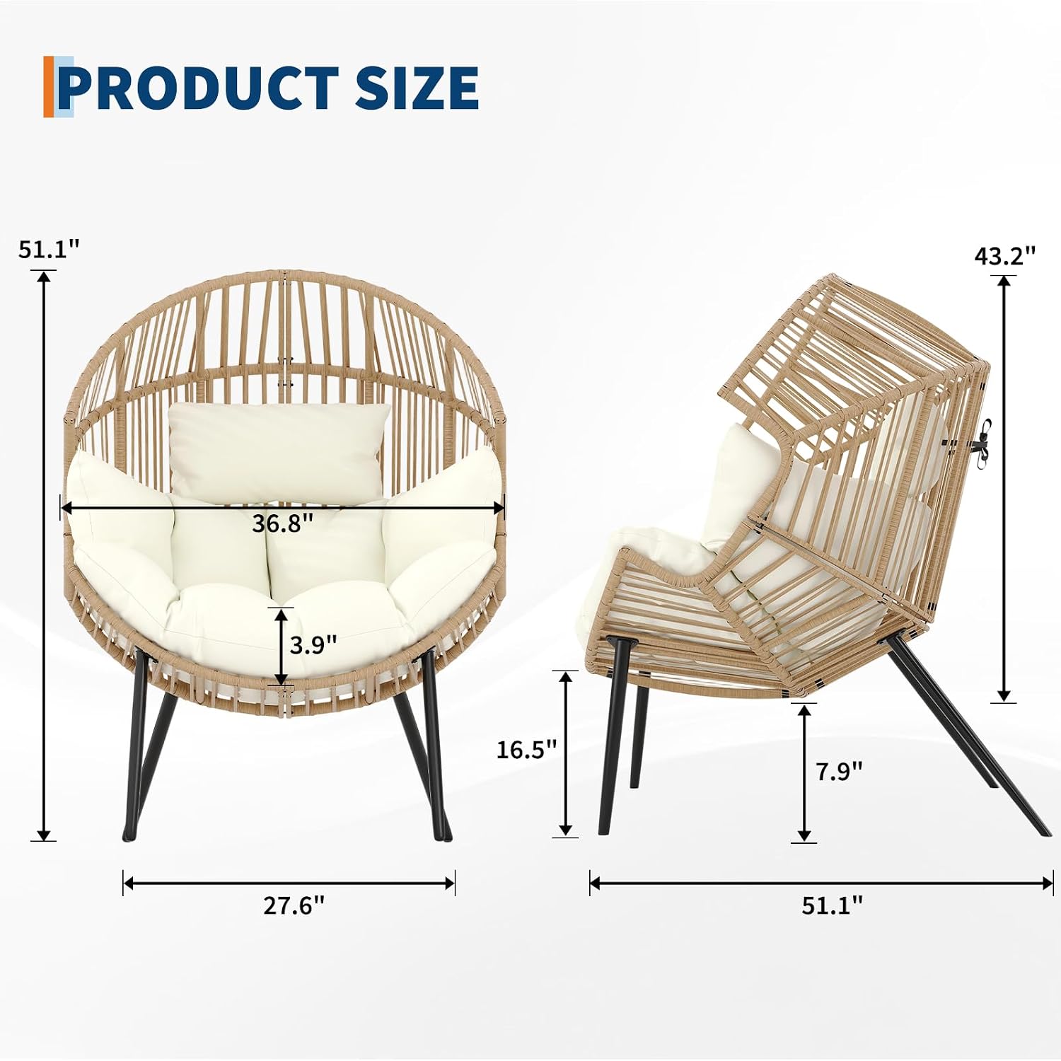 Outdoor Wicker Egg Chair, Oversized Ergonomic Rattan Lounge Rocker with Extra-Soft Pillow and Thick Cushion for Indoor & Outdoor, Living Room, Backyard & Garden – Cream Cushion, Natural Wicker Frame