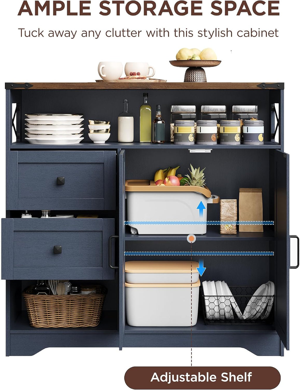 Vabches Farmhouse Buffet Sideboard Cabinet with 2 Drawers and Open Shelf, 27.5" Storage Cabinet with Adjustable Shelves and Door, Coffee Bar Hutch Pantry for Kitchen, Living Room, Blue (38.5" L)