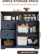 Vabches Farmhouse Buffet Sideboard Cabinet with 2 Drawers and Open Shelf, 27.5" Storage Cabinet with Adjustable Shelves and Door, Coffee Bar Hutch Pantry for Kitchen, Living Room, Blue (38.5" L)