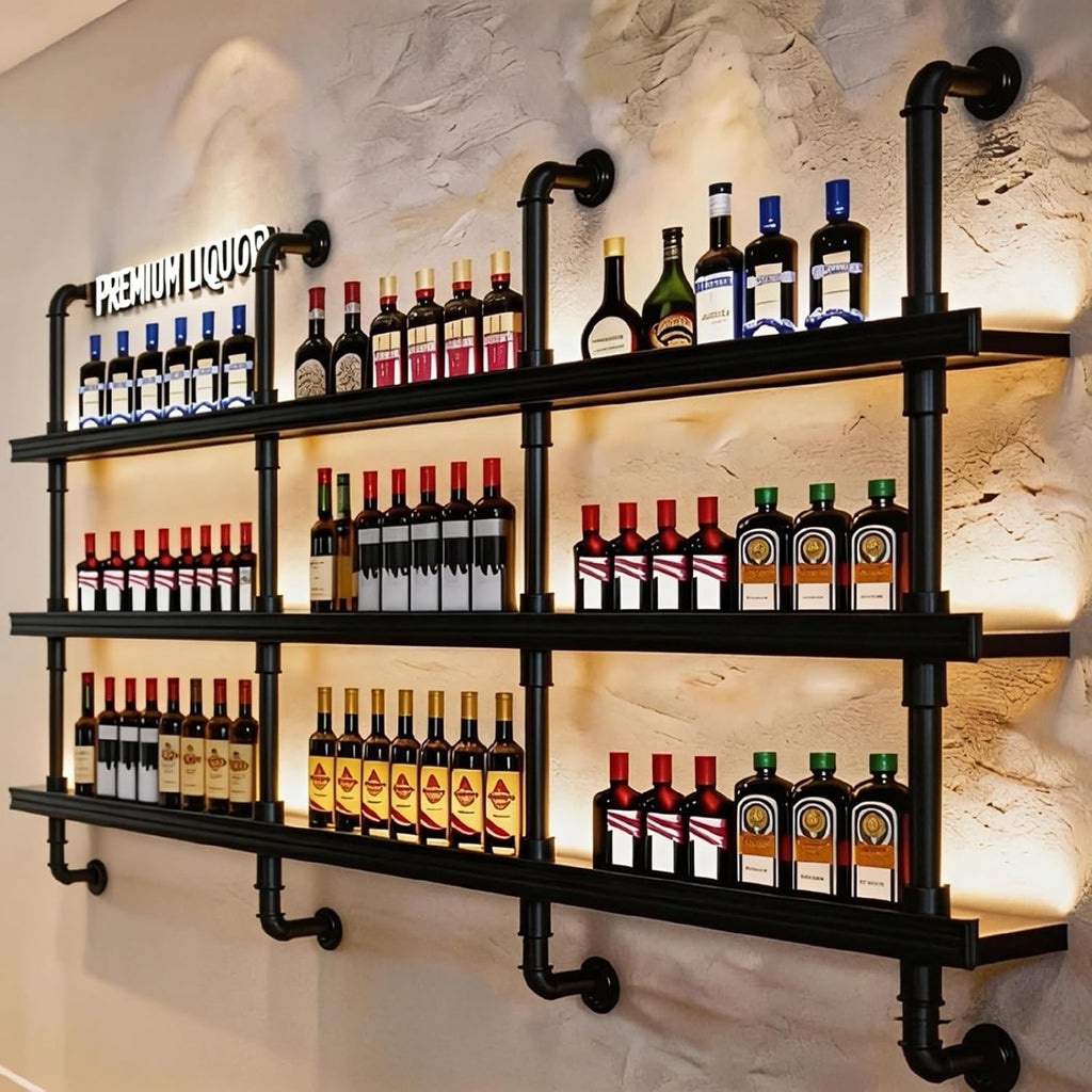 89cm/35in Wall Mounted Wine Rack with LED Light - 3-Tier Solid Wood Industrial Rustic Floating Shelves, Bottle Storage Organizer for Kitchen, Bar, Pub, Cellar, Home Bar (Black, 89cm/35in)