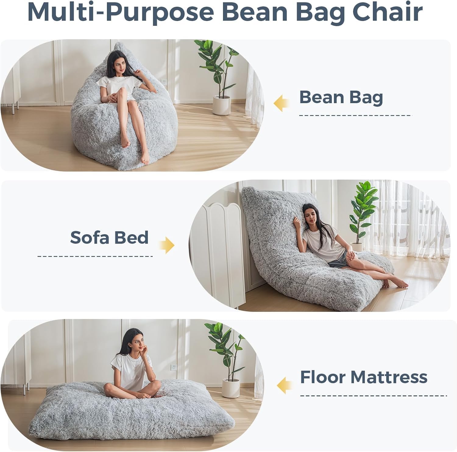 MAXYOYO 3 in 1 Bean Bag Chair, Giant Bean Bag Sofa Bed, Floor Couch with High-Density Foam Filling, Bean Bag Chair for Adult