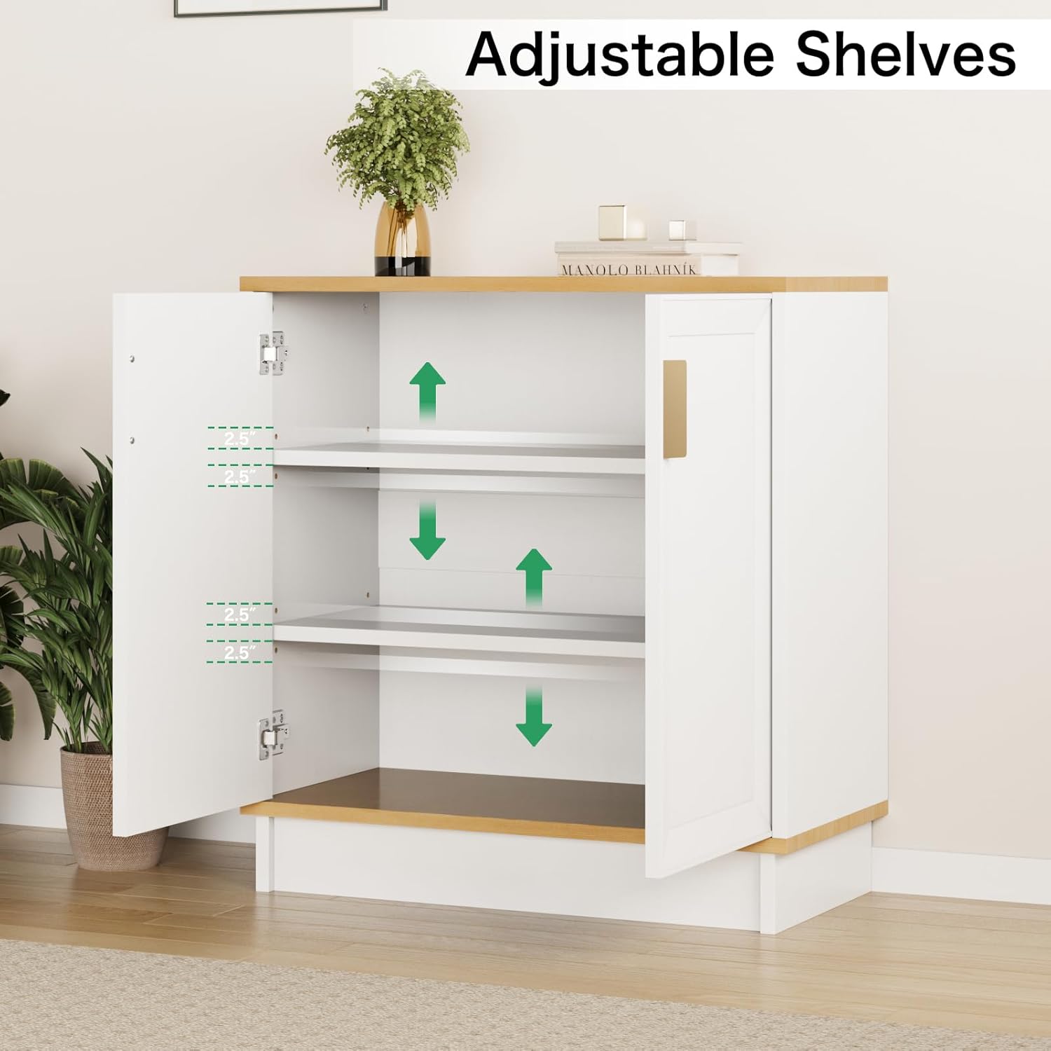 PROXRACER 32" Sideboard Buffet Cabinet with Storage, Adjustable Shelves & Shaker Doors, Rustic Storage Cabinet with Gold Handles for Kitchen, Dining Room, White