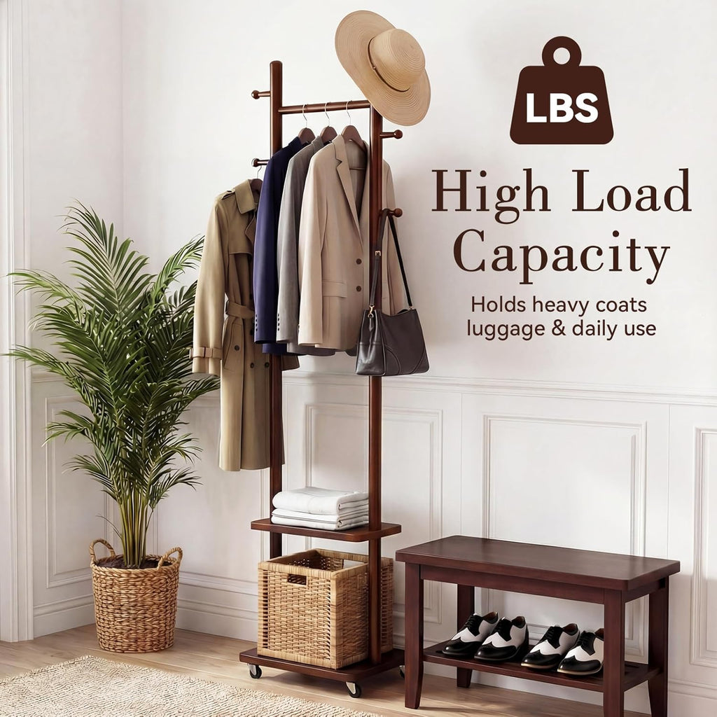 Coat Rack Freestanding, Solid Wood Coat Rack Stand, Clothing Rack with Wheels & 2 Shelves Storage & 5 Hooks, Heavy Duty Clothes Rack, Wood Coat Tree Stand Hat Hanger Rack for Bedroom Entryway Office