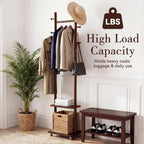 Coat Rack Freestanding, Solid Wood Coat Rack Stand, Clothing Rack with Wheels & 2 Shelves Storage & 5 Hooks, Heavy Duty Clothes Rack, Wood Coat Tree Stand Hat Hanger Rack for Bedroom Entryway Office