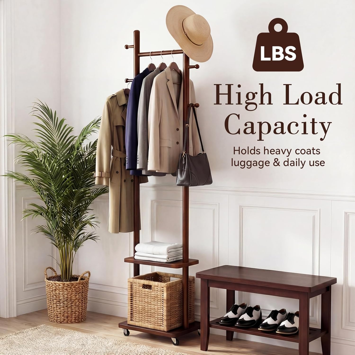 Coat Rack Freestanding, Solid Wood Coat Rack Stand, Clothing Rack with Wheels & 2 Shelves Storage & 5 Hooks, Heavy Duty Clothes Rack, Wood Coat Tree Stand Hat Hanger Rack for Bedroom Entryway Office