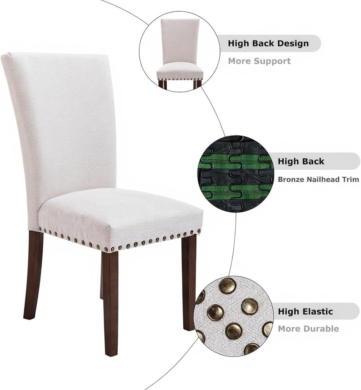 Set of 2 Beige Upholstered Dining Chairs – Farmhouse Kitchen Chairs with High Back, Solid Rubberwood Legs, Padded Foam Seat & Bronze Nailhead Trim, Comfortable Dining Room Chairs for Home, Living Room