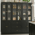 Cyclysio 80" Tall Pantry Cabinet Set of 3, Black Kitchen Storage Cabinet with Arched Glass Doors, 3 Drawers & Cupboard, Flush-to-Wall Coffee Bar Hutch with Baseboard Cutout for Dining Room