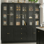 Cyclysio 80" Tall Pantry Cabinet Set of 3, Black Kitchen Storage Cabinet with Arched Glass Doors, 3 Drawers & Cupboard, Flush-to-Wall Coffee Bar Hutch with Baseboard Cutout for Dining Room