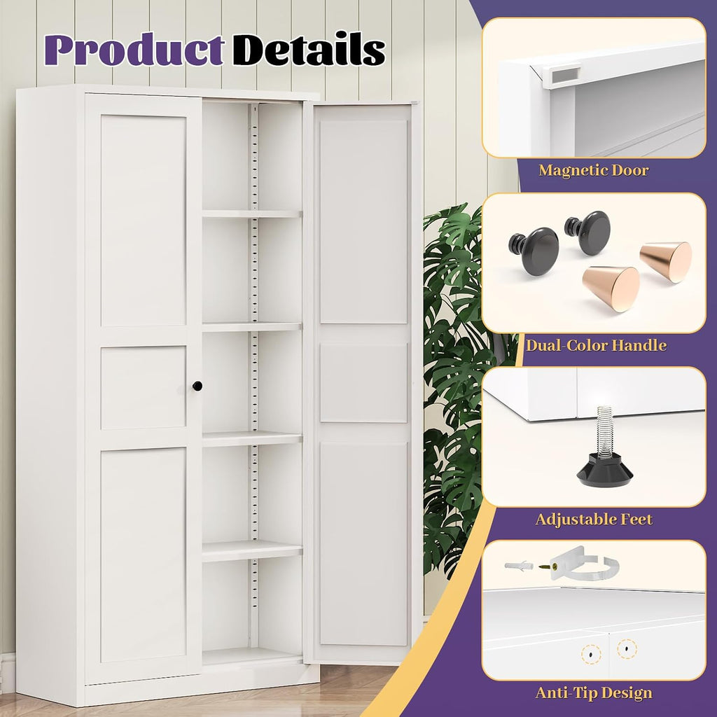 71"Kitchen Pantry Cabinet,White Metal Pantry Cabinet with 2 Doors & 4 Adjustable Shelves,Pantry Cabinets with Gold/Black Handles,Kitchen Cabinet for Dinging Room,Living Room,Assembly Required