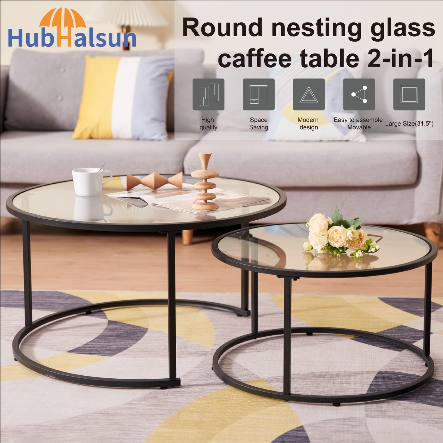 Modern Nesting Glass Coffee Table Set of 2, Round Tempered Glass Coffee Table for Living Room & Bedroom, Space-Saving Design with Adjustable Feet (Large Size + Black Frame)