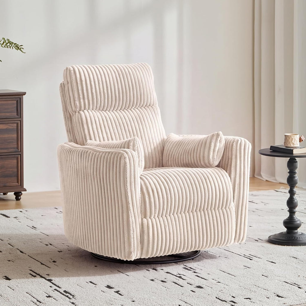 LINSY 220° Swivel Electric Power Recliner Chair, Corduroy Nursing Rocker with USB & Type-C, High Back Adult Comfort Chair with 2 Pillows, Space-Saving for Nursery, Bedroom, Living Room(Beige)