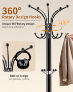Metal Coat Rack with Natural Marble Base,360°Rotary Coat Rack Stand with 14 Hooks,Modern Freestanging Coat Racks, Black Coat Jacket Hanger Clothes Tree Stand for Entryway,Corner