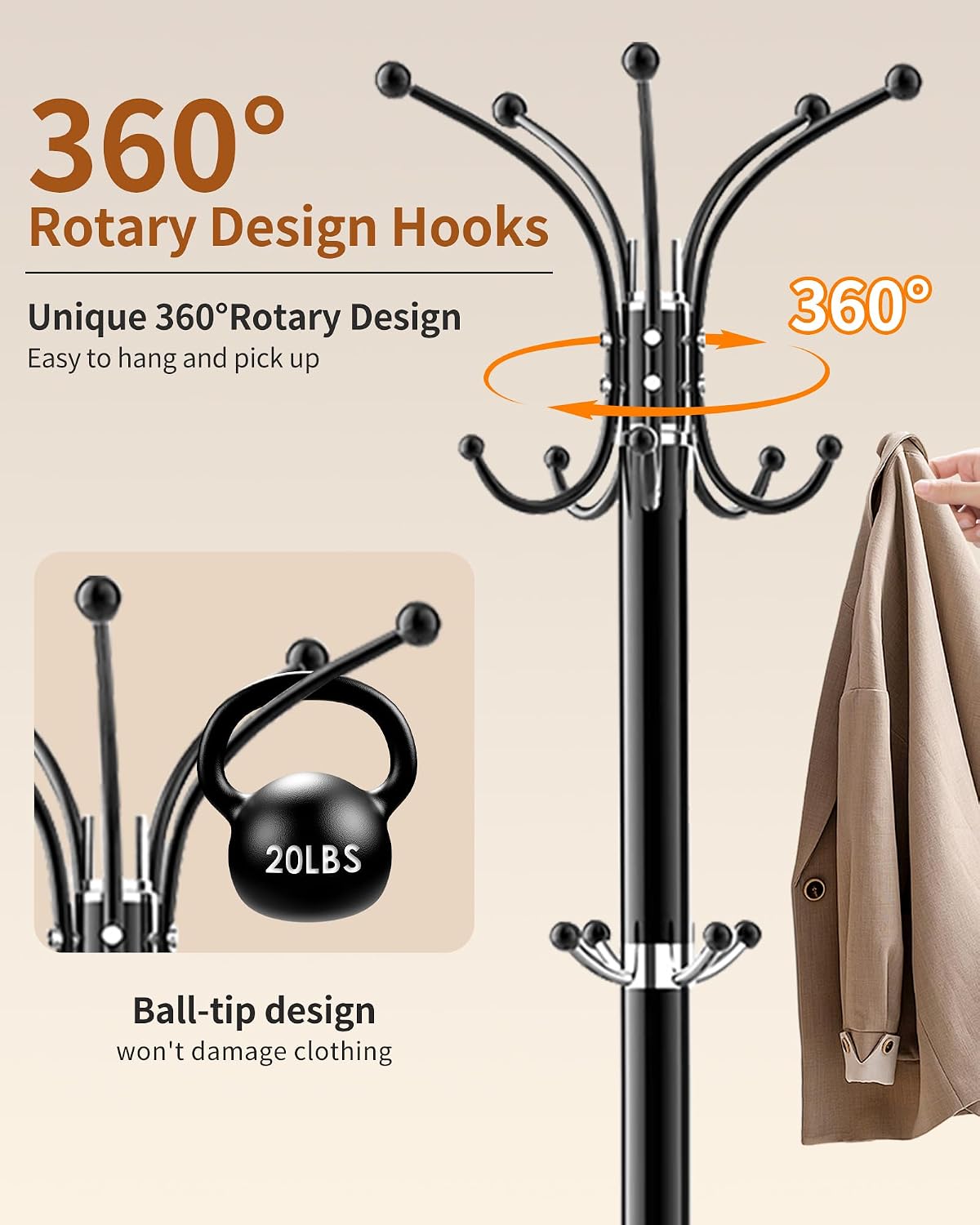 Metal Coat Rack with Natural Marble Base,360°Rotary Coat Rack Stand with 14 Hooks,Modern Freestanging Coat Racks, Black Coat Jacket Hanger Clothes Tree Stand for Entryway,Corner