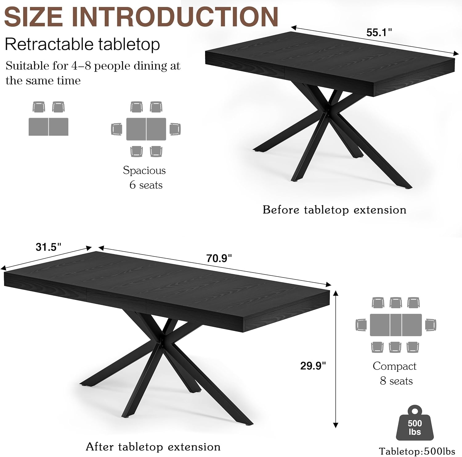 Extendable Dining Table for 4 6 8, 55"-70.9" Black Kitchen Table, Wood Rectangle Expandable Dining Room Table with Hidden Storage, Space Saving, for Kitchen Dining Living Room, Modern