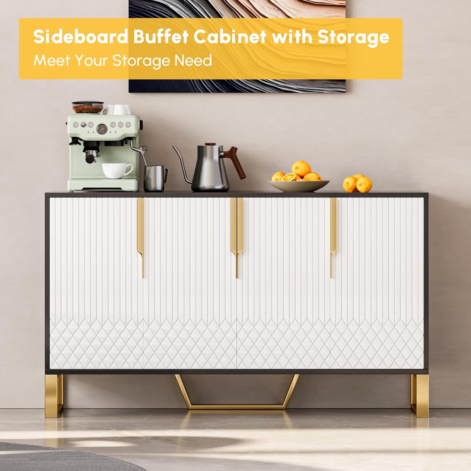 homary Buffet Sideboard Cabinet with Storage – 59" Modern Kitchen Server Table with 4 Doors & Adjustable Shelves, Stainless Steel Frame for Dining Room, Living Room, Entryway