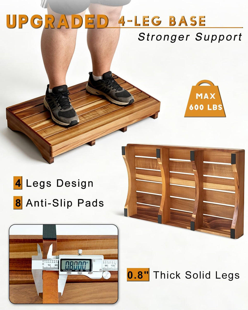Acacia Wood Bed Step Stool for Adults Elderly Kids, Height 3.5 inches | Wooden Stepping Platform for Bedroom Bathroom Kitchen Porch Garden Outdoor, Weight Capacity 600lbs