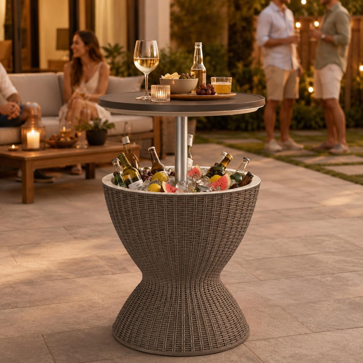 Byroce Outdoor Cooler Table, Patio Cooler Side Table with 8 Gallon Built-in Cooler, Adjustable Height Rattan Bar Table for Pool, Hot Tub, Backyard and Parties
