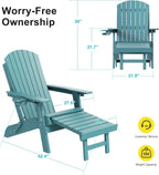 3-Position Adjustable Folding Adirondack Chair with Retractable Ottoman, HDPE Weather Resistant Patio Chair Set of 2 with Hidden Cup Holder for Lawn, Deck and Garden, Lake Blue