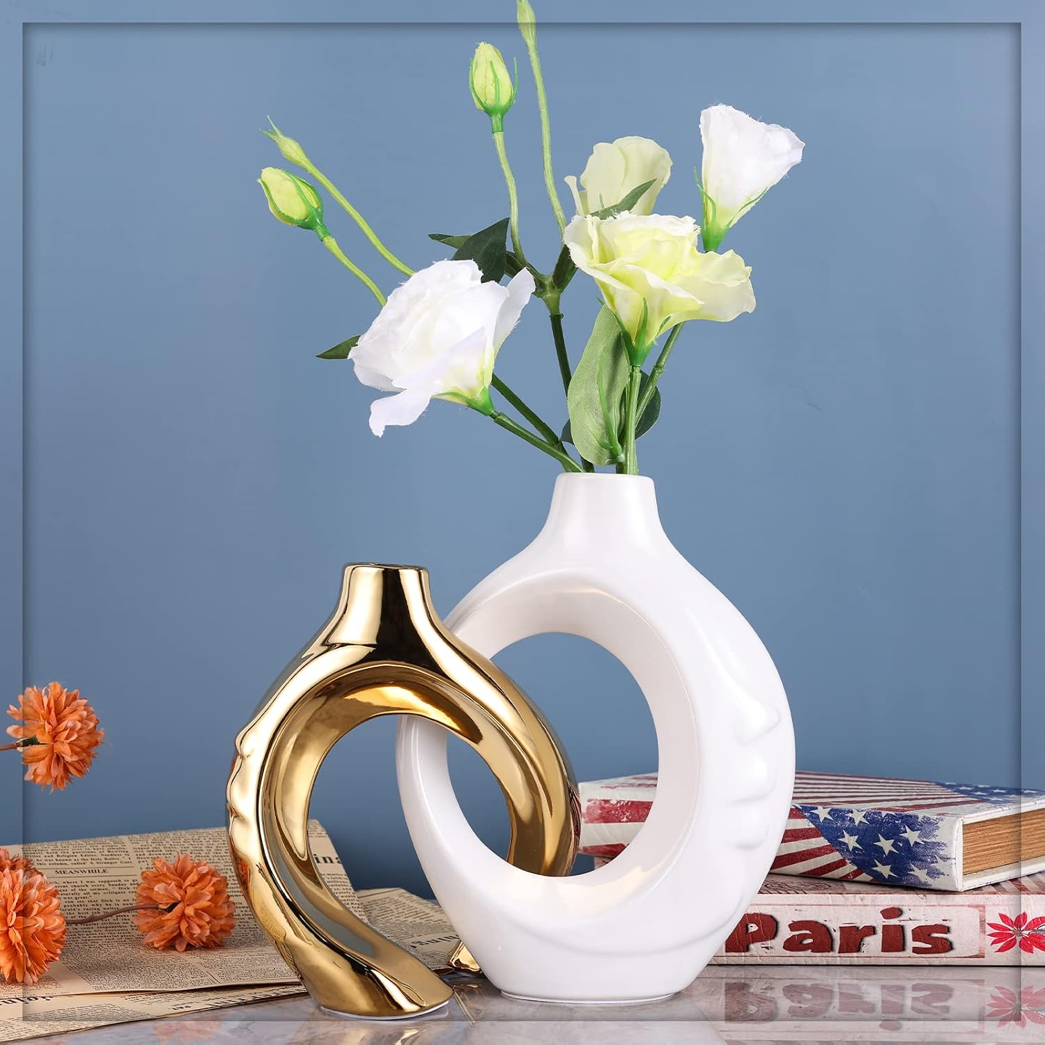 White Gold Ceramic Decorative Vase Home Decor, White and Gold Vase Set of 2, Pampas Grass Decorative Vase, Coffee Table Vase, Entryway Table Decor (White Gold)