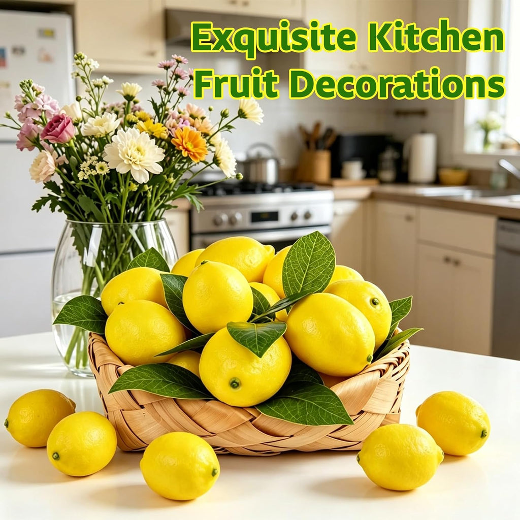 STEFORD 25 Pcs Fake Lemons Artificial Fruits with 20 Pcs Leaves, Faux Yellow Lifelike Simulation Lemons Decor Realistic Lemon Fruits for Home Kitchen Table Cabinet Summer Party Photography Props