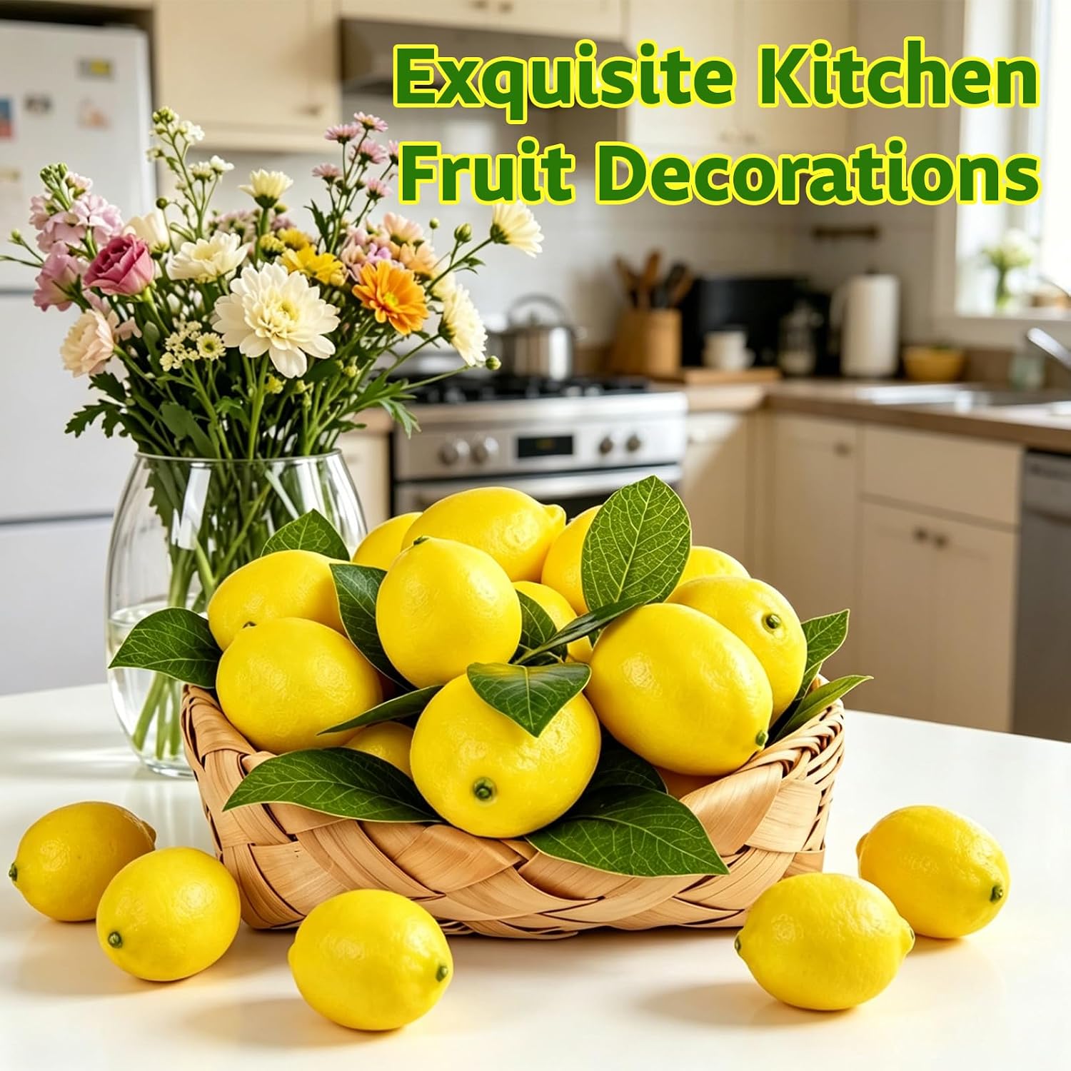 STEFORD 25 Pcs Fake Lemons Artificial Fruits with 20 Pcs Leaves, Faux Yellow Lifelike Simulation Lemons Decor Realistic Lemon Fruits for Home Kitchen Table Cabinet Summer Party Photography Props