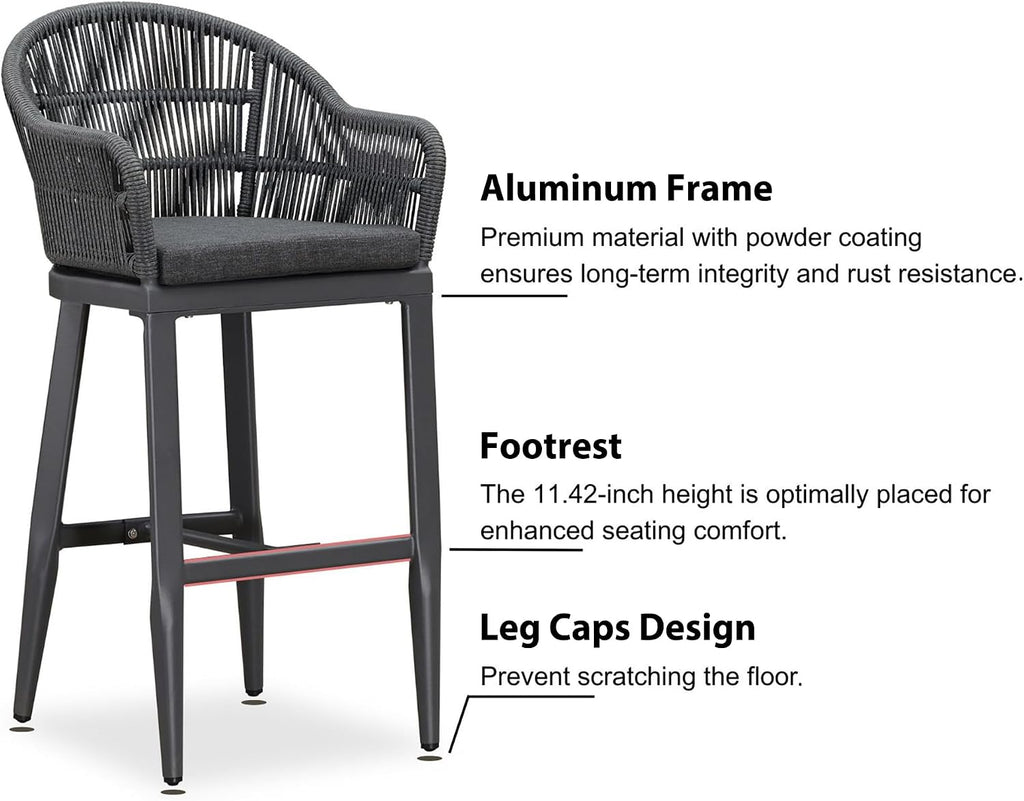PURPLE LEAF Outdoor Bar Height Stools Set of 2 Patio Metal Modern Wicker Rattan Bar Chairs Woven Aluminum Barstools with Back and Cushions for Balcony Garden Indoor Kitchen Outside Gray
