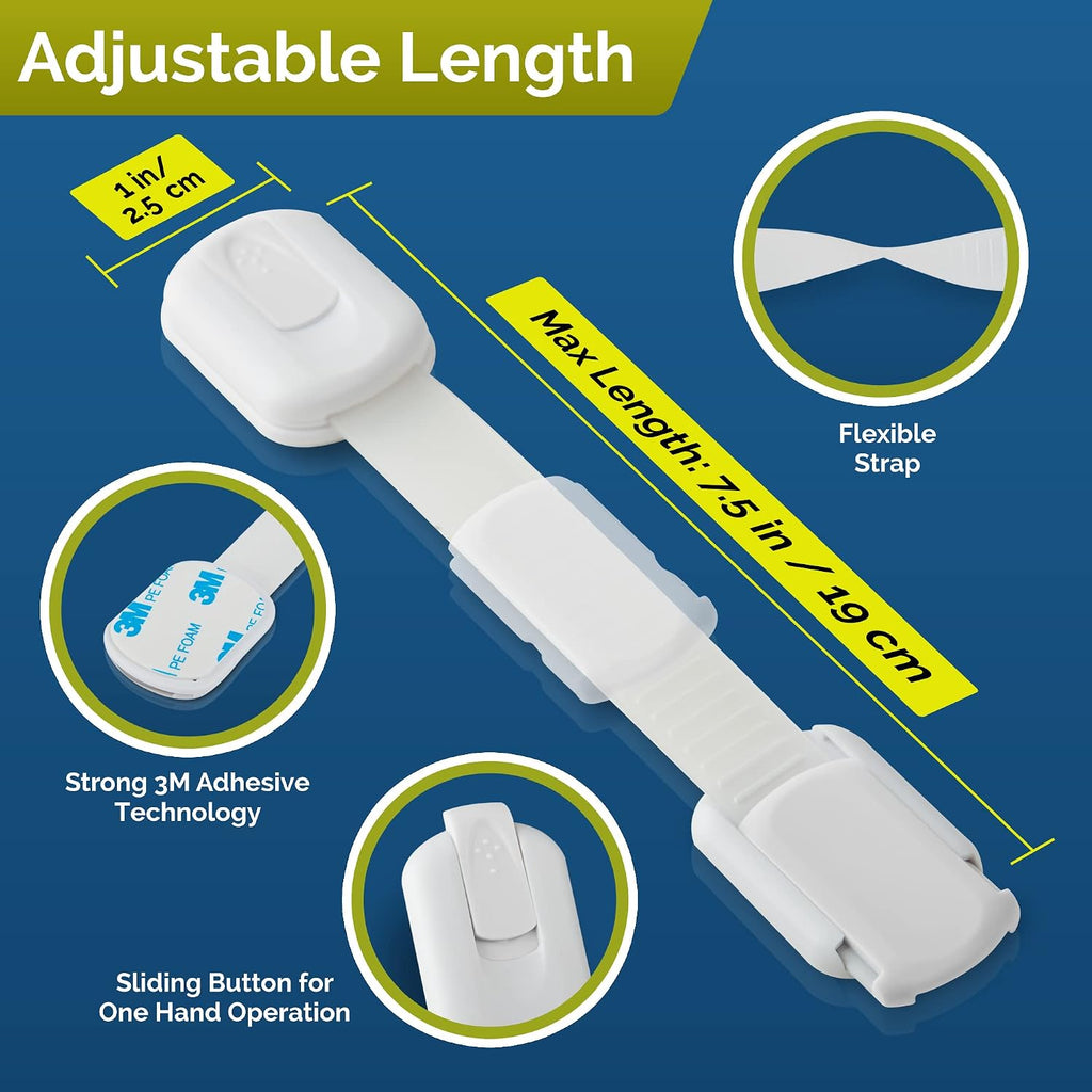 Child Safety Strap Locks (12 Pack) Baby Locks for Cabinets and Drawers, Toilet, Fridge & More. 3M Adhesive Pads. Easy Installation, No Drilling Required, White