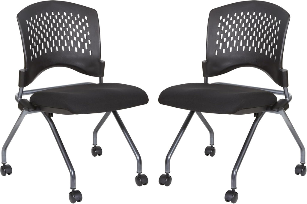 Office Star Deluxe Ventilated Plastic Wrap Around Back Folding Nesting Chair 2 Pack, Coal FreeFlex Fabric