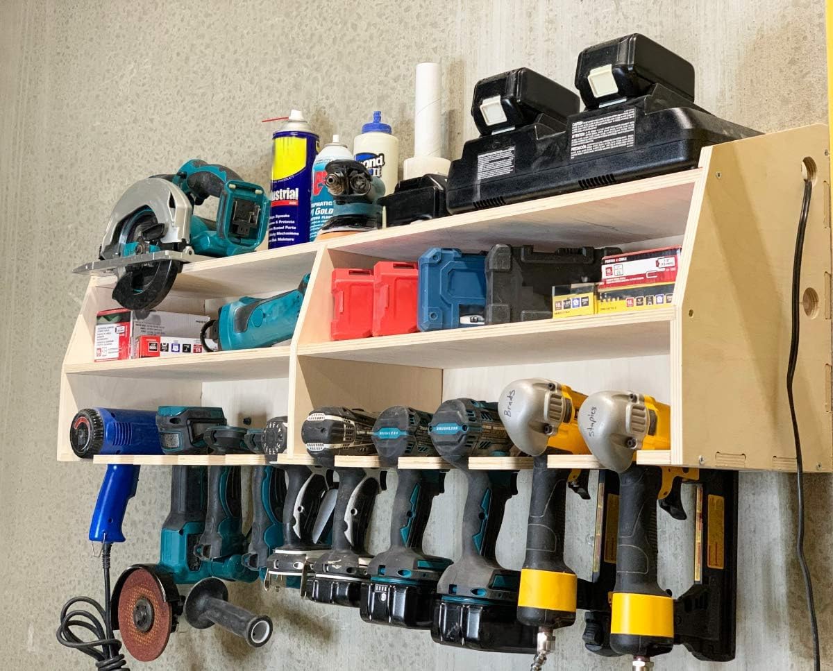 Cordless Drill Tool Holder Organization Storage Rack Wood Shelf Case Organizer 10-Slot Birch Plywood