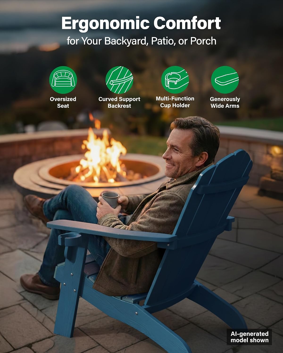 YEFU Oversized Adirondack Chair with Cup-Holder,Plastic Outdoor Fire Pit Chair, Weather Resistant, Poly Lumber Chair, Used in Patio, Lawn, Deck,Heavty Duty,Weight Capacity 450lbs-Navy Blue