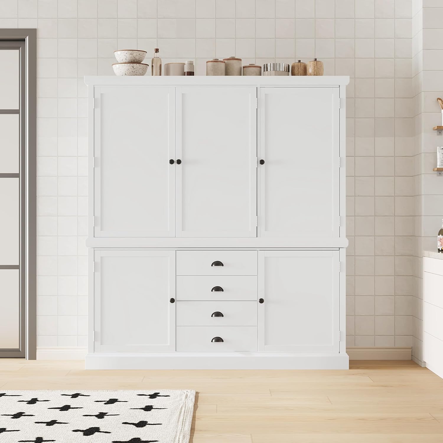 roomfitters Kitchen Pantry Organizers and Storage Kitchen Cabinet, Hutch with Microwave Stand, 4 Drawers, Spice Racks, White